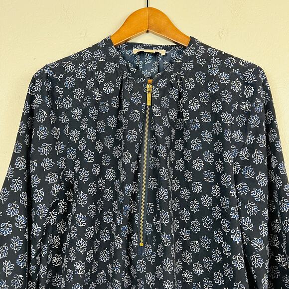 Michael Kors Half Zip Blouse Tunic Leaf Print Exposed Zipper Navy - 10 - Picture 2 of 4